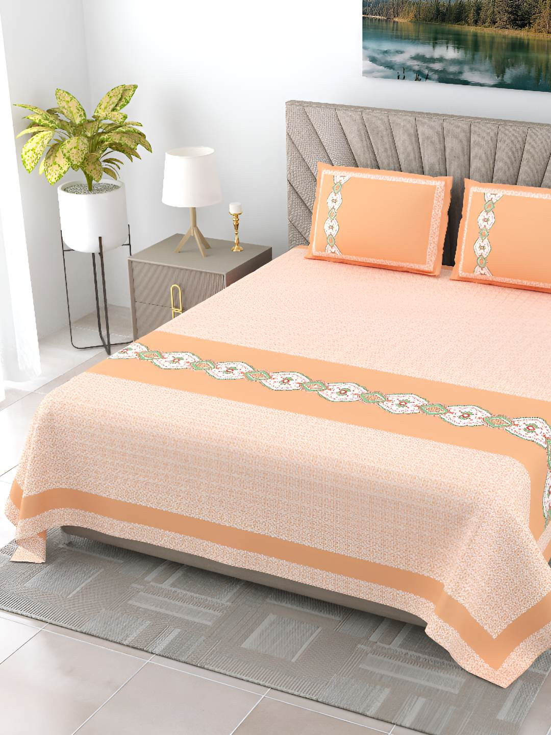 BED-SHEET.COM Oasis Pink Ethnic Motifs Pure Cotton 240 TC King Fine Bedsheet with 2 Pillow Covers-59 x 87 inches