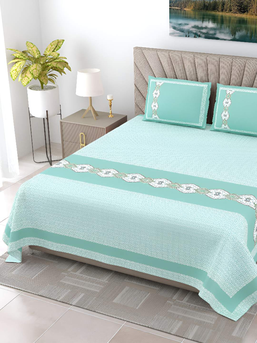 BED-SHEET.COM Oasis Green Ethnic Motifs Pure Cotton 240 TC King Fine Bedsheet with 2 Pillow Covers-108 x 100 inches