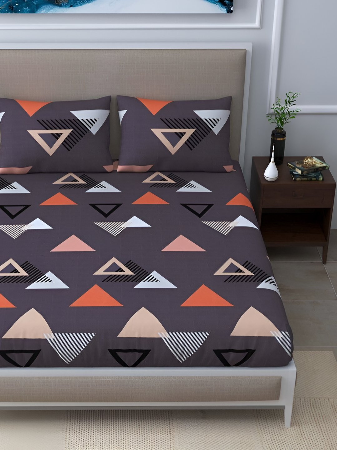 BED-SHEET.COM Grey & White Printed Cotton 144 TC Double King Bedsheet With 2 Pillow Covers