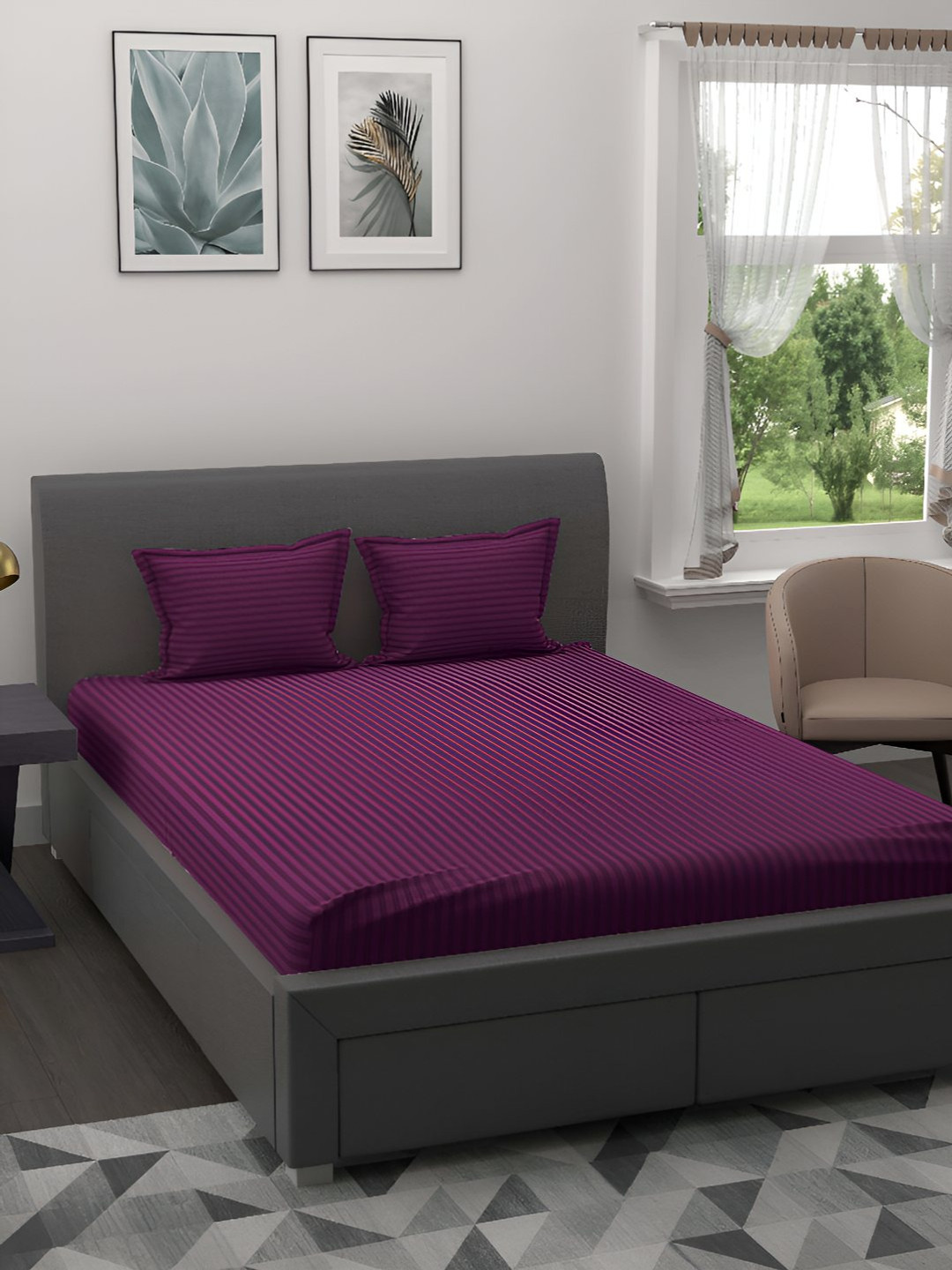 BED-SHEET.COM Purple Striped Cotton 144 TC King Bedsheet with 2 Pillow Covers-107 x 89 inches