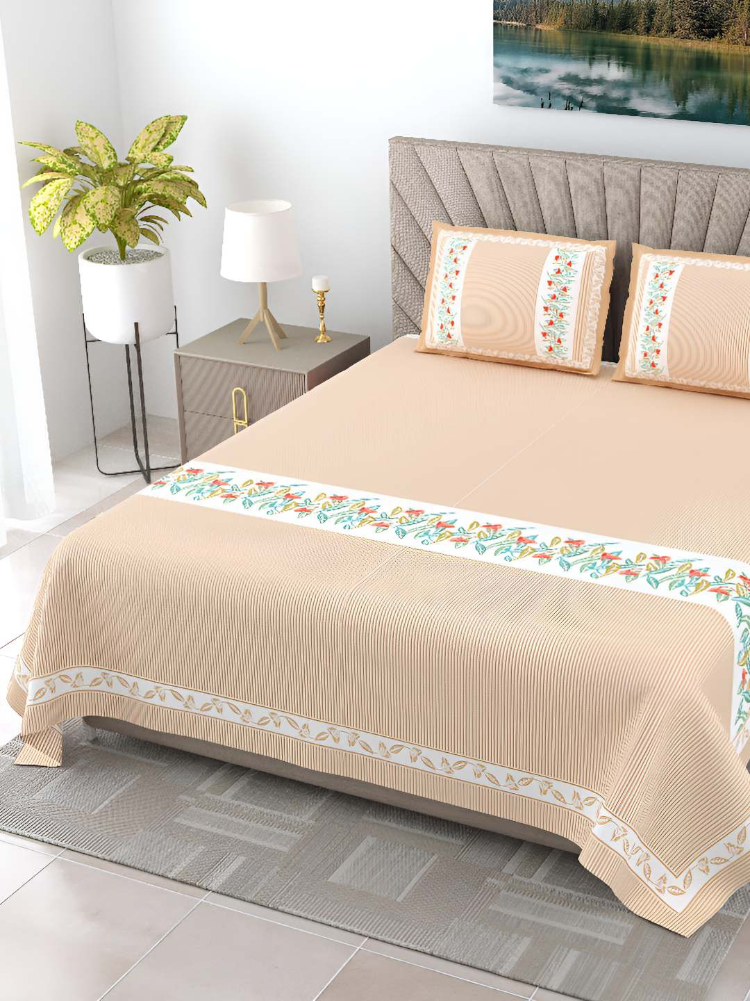BED-SHEET.COM Eco Friendly Pink Ethnic Motifs Pure Cotton 240 TC King Fine Bedsheet with 2 Pillow Covers-59 x 87 inches