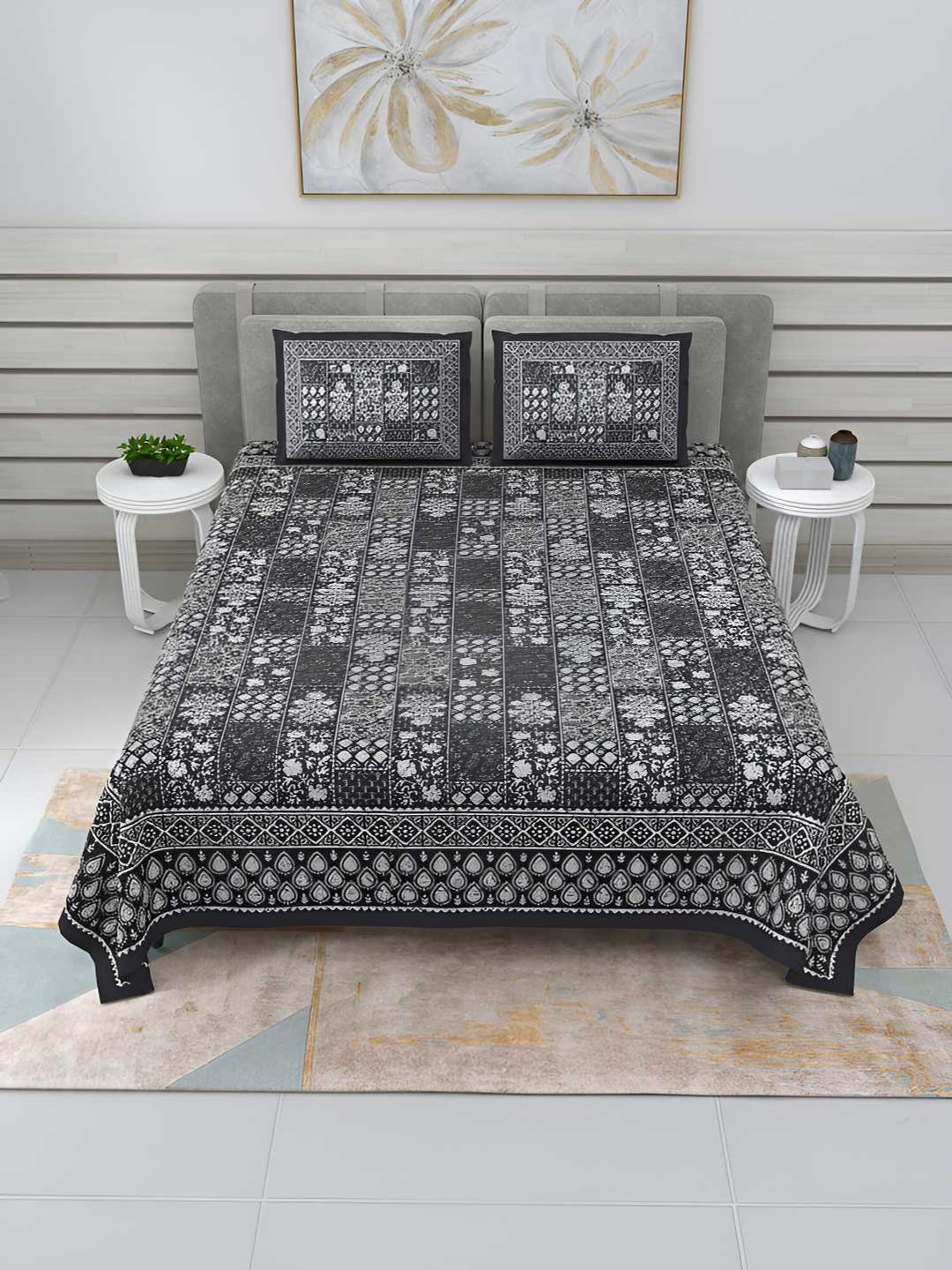 BED-SHEET.COM Jaipuri Grey Ethnic Motifs Cotton 240 TC King Fine Bedsheet with 2 Pillow Covers-272 x 225 cm
