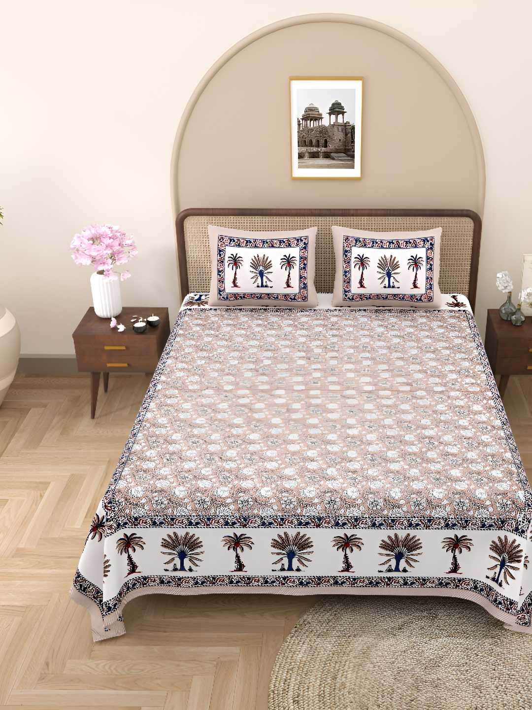 BED-SHEET.COM Grey Ethnic Motifs Pure Cotton 180 TC King Fine Bedsheet with 2 Pillow Covers-106 x 87 inches
