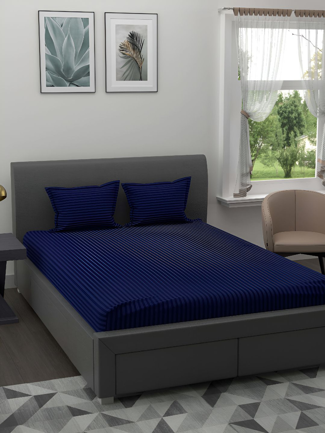 BED-SHEET.COM Blue Striped Cotton 144 TC Double King Bedsheet With 2 Pillow Covers