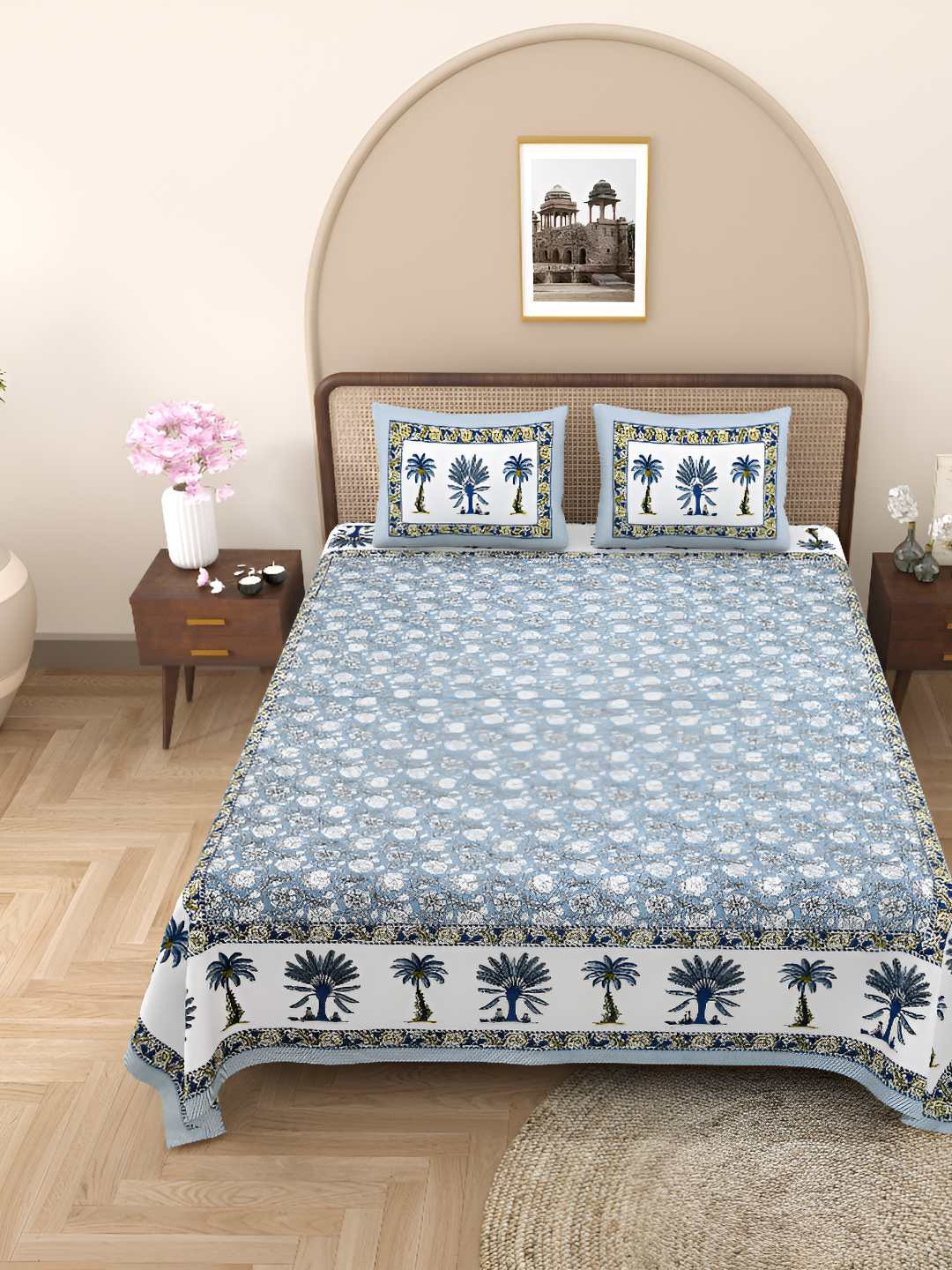 BED-SHEET.COM Blue Floral Pure Cotton 180 TC King Fine Bedsheet with 2 Pillow Covers-106 x 87 inches