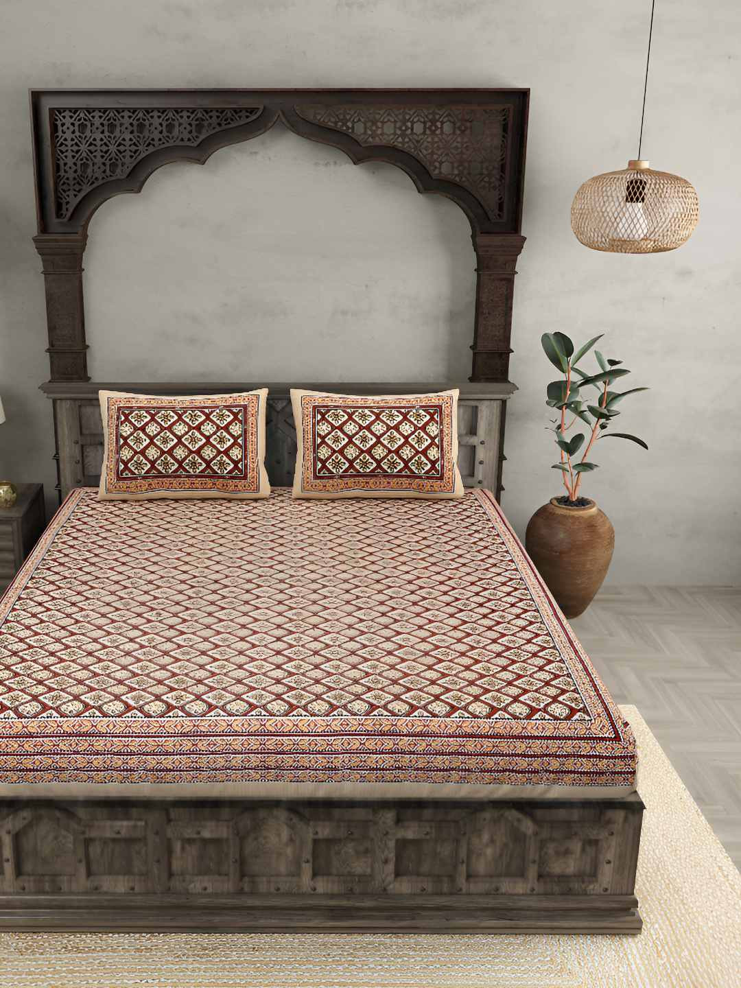 BED-SHEET.COM Red & Peach Ethnic Motifs Cotton 240 TC King Bedsheet with 2 Pillow Covers