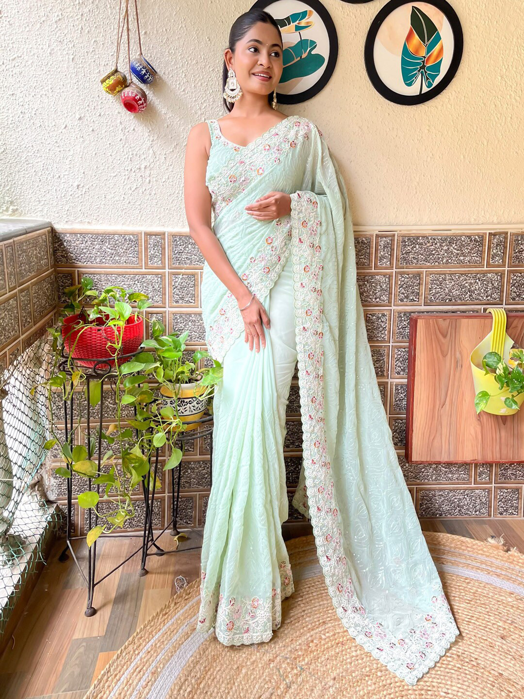 Mitera Floral EmbroideredPoly Georgette Saree