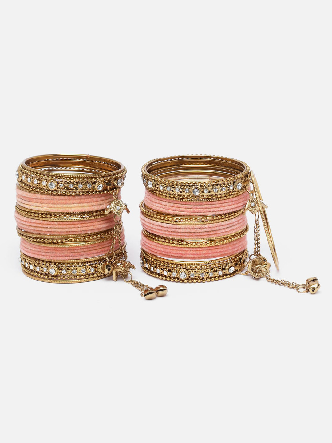 Anouk Peach Coloured Set Of 56 Gold-Plated CZ-Studded Tasselled Velvet Bangles