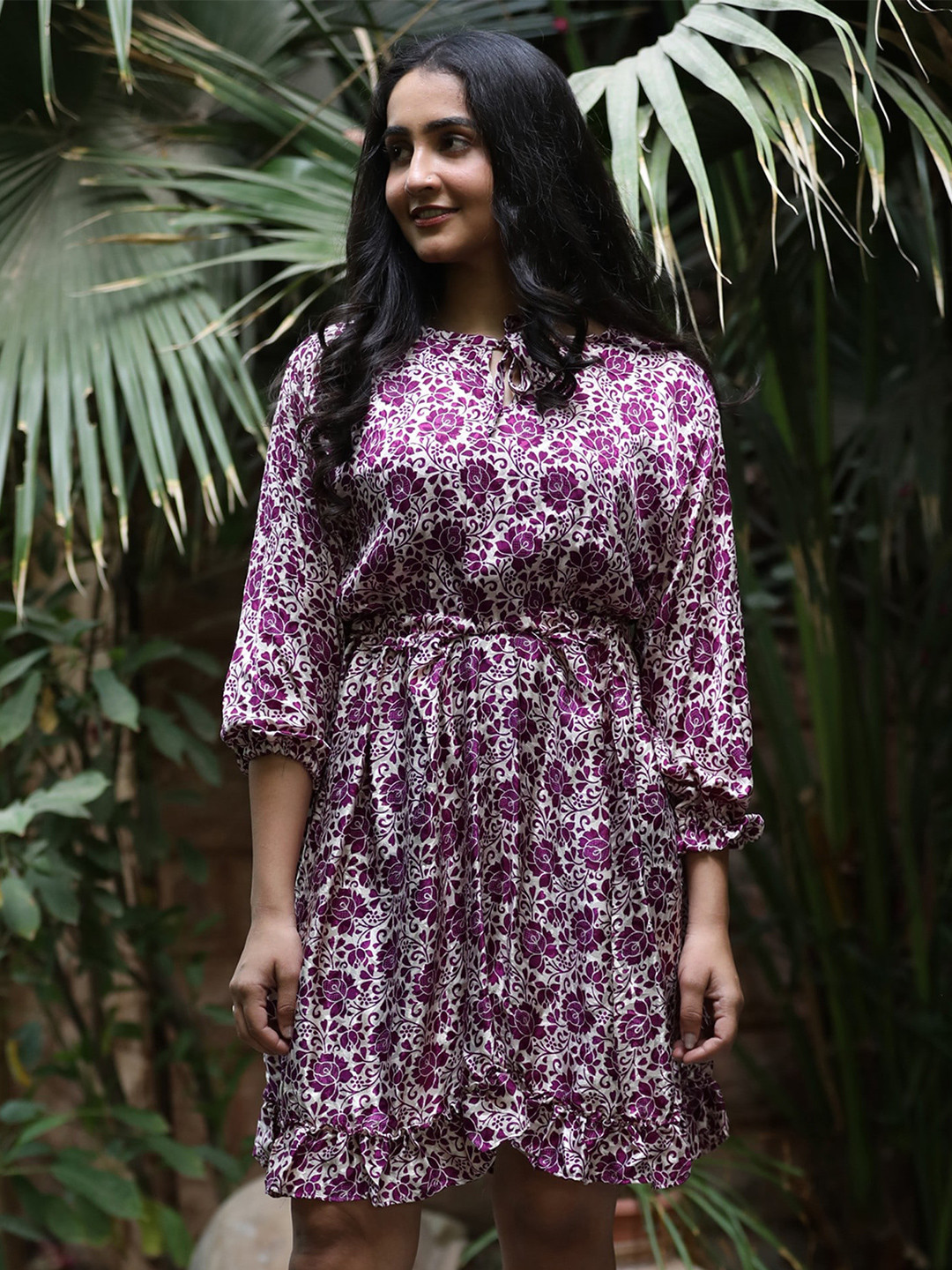 Exotic India Purple Assorted Vintage Pure Silk Vaccay Dress