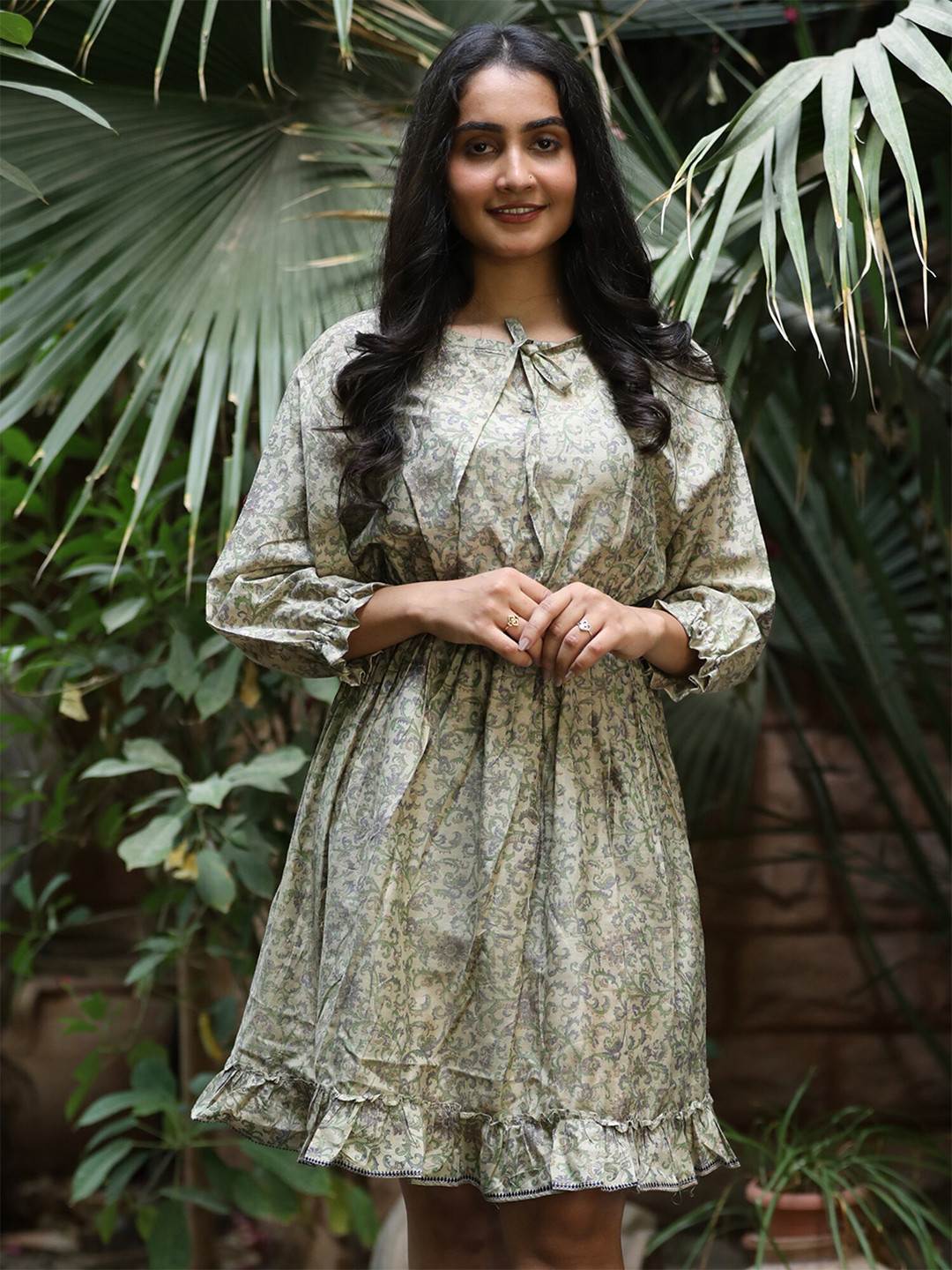 Exotic India Floral Printed Tie-Up Neck Vintage Pure Silk Vaccay Blouson Dress