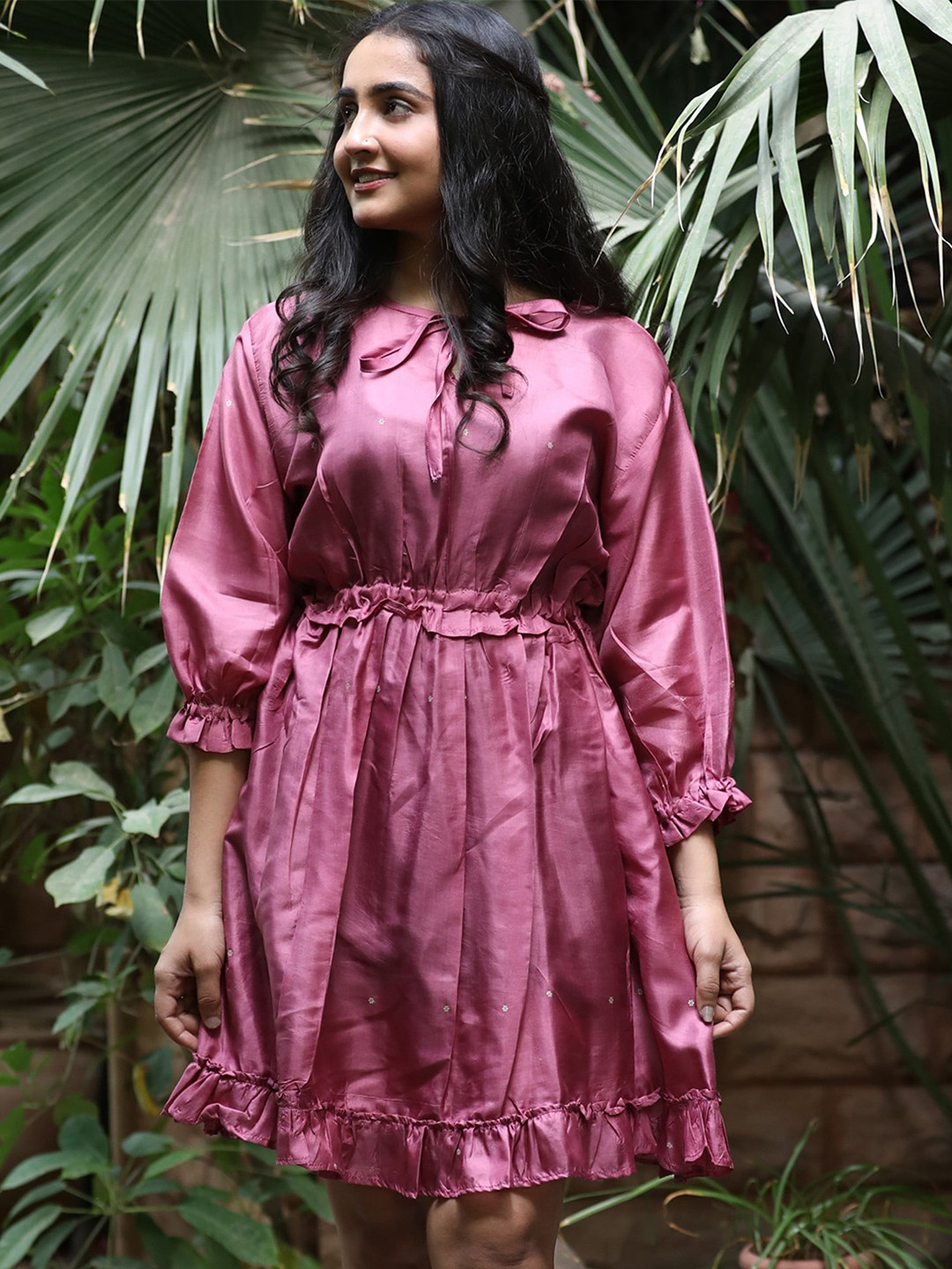 Exotic India Pink Assorted Vintage Pure Silk Vaccay Dress