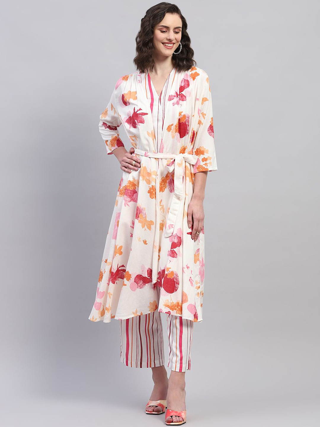 Monte Carlo Printed Three Quarter Sleeved Robe With Striped Top & Trousers Co-Ords