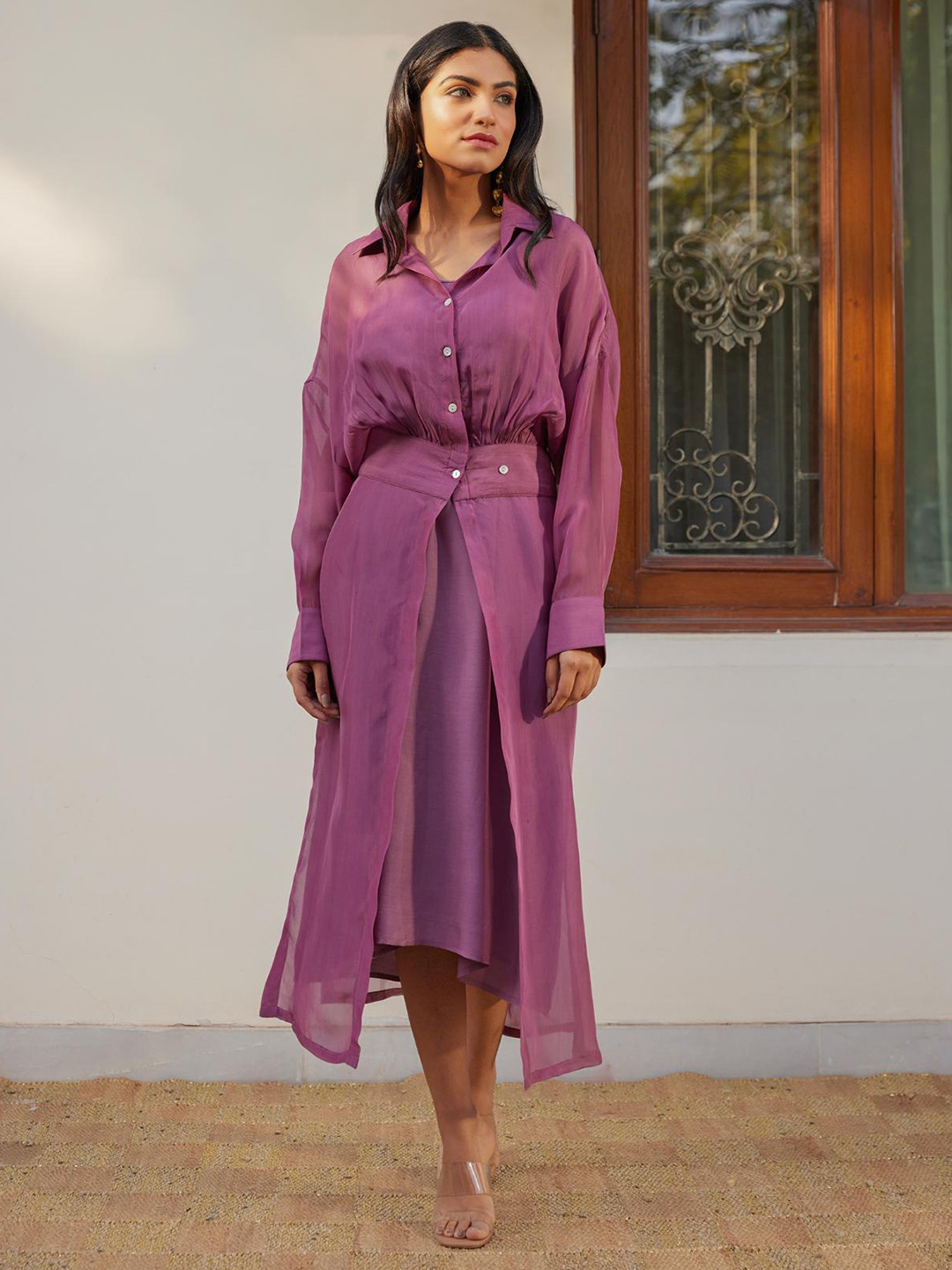 Kapraaha Shirt Collar Cuffed Sleeves Semi Sheer Cotton A-Line Midi Dress