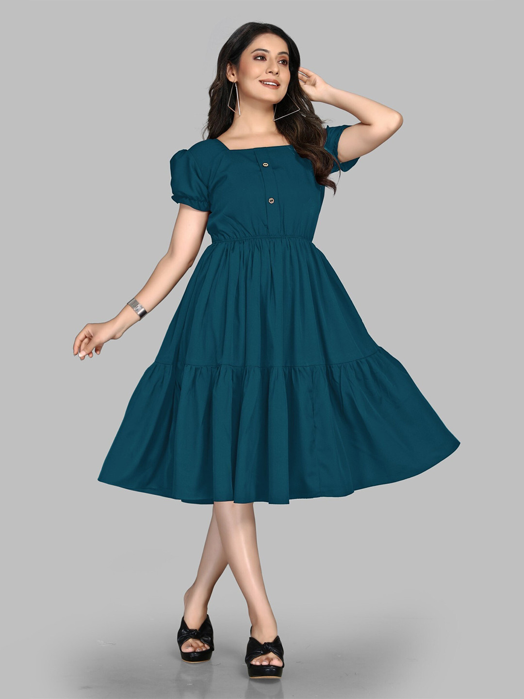 Femvy Square Neck Puff Sleeves Gathered Tiered Below Knee Fit & Flare Midi Casual Dress