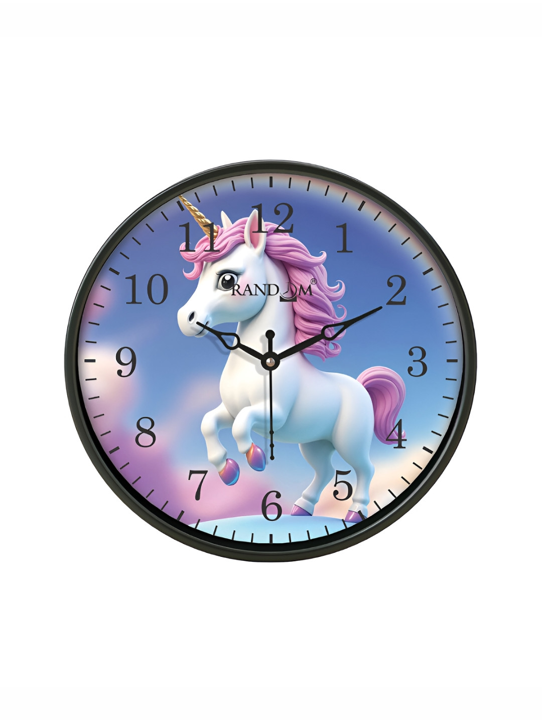 RANDOM Black Plastic Ultra Clear Glass Round Battery Analogue Unicorn Wall Clock-30cm