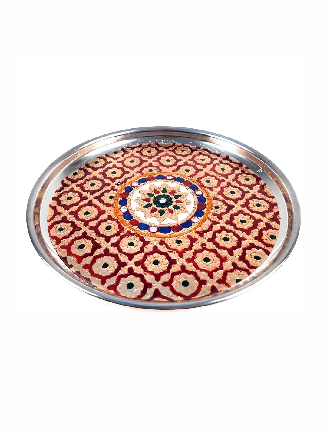 apka mart Meenakari Beige Red & Blue Metal pooja Thali