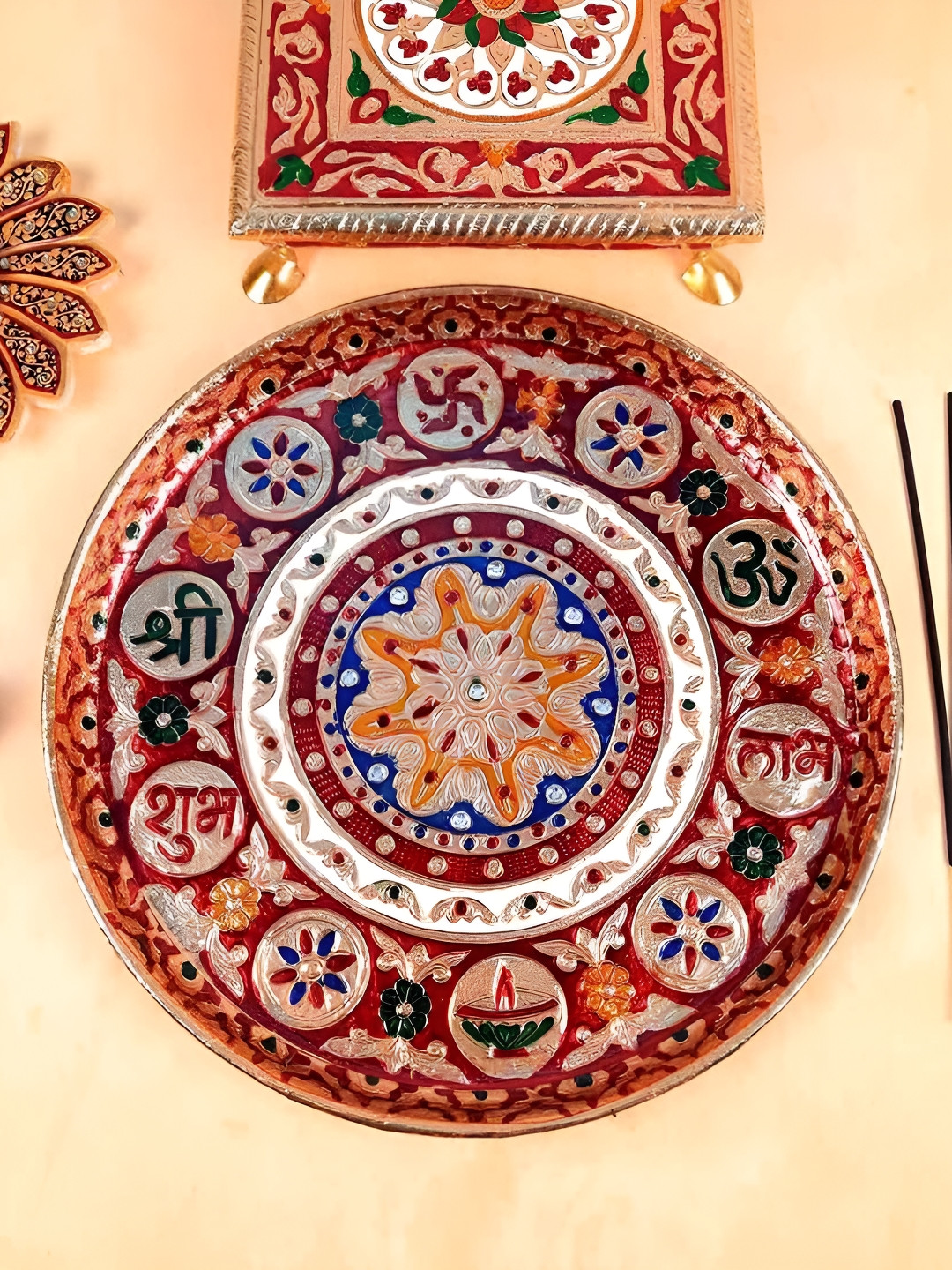 apka mart  Red & Green Textured Shubh Labh Design Pooja Plate