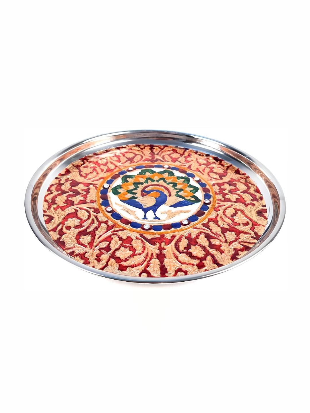Apka Mart Gold & Red Floral Pooja Thali Plate with Peacock Design