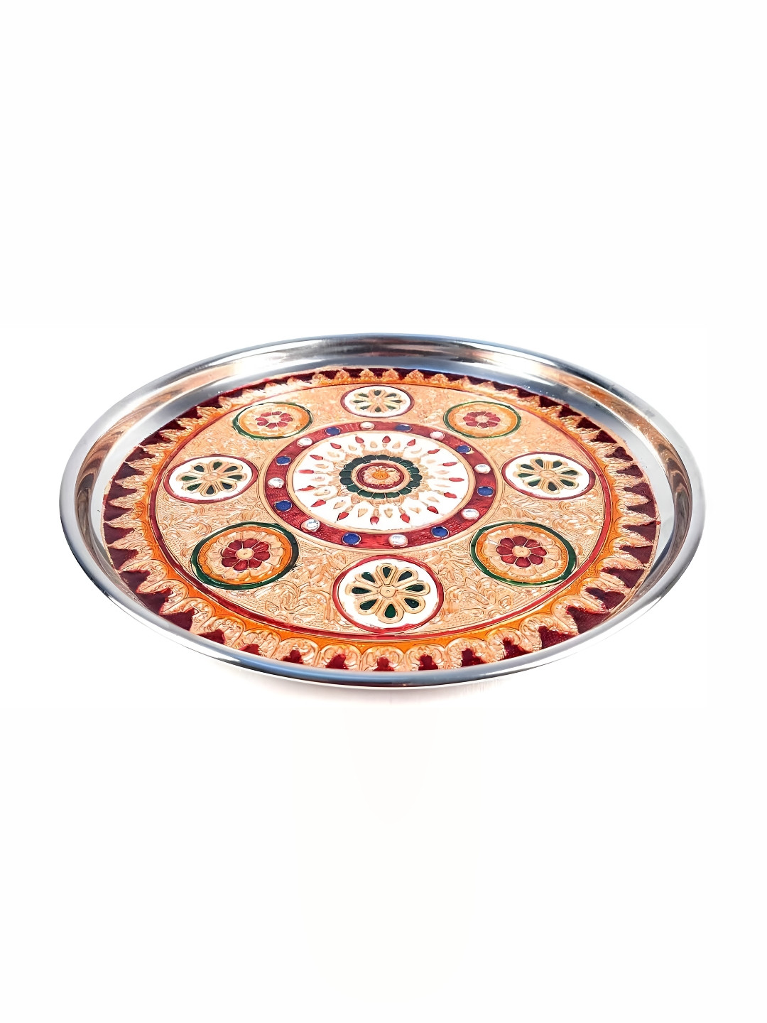 apka mart Beige & Red Textured Pooja Thali Plate with  Flower Design