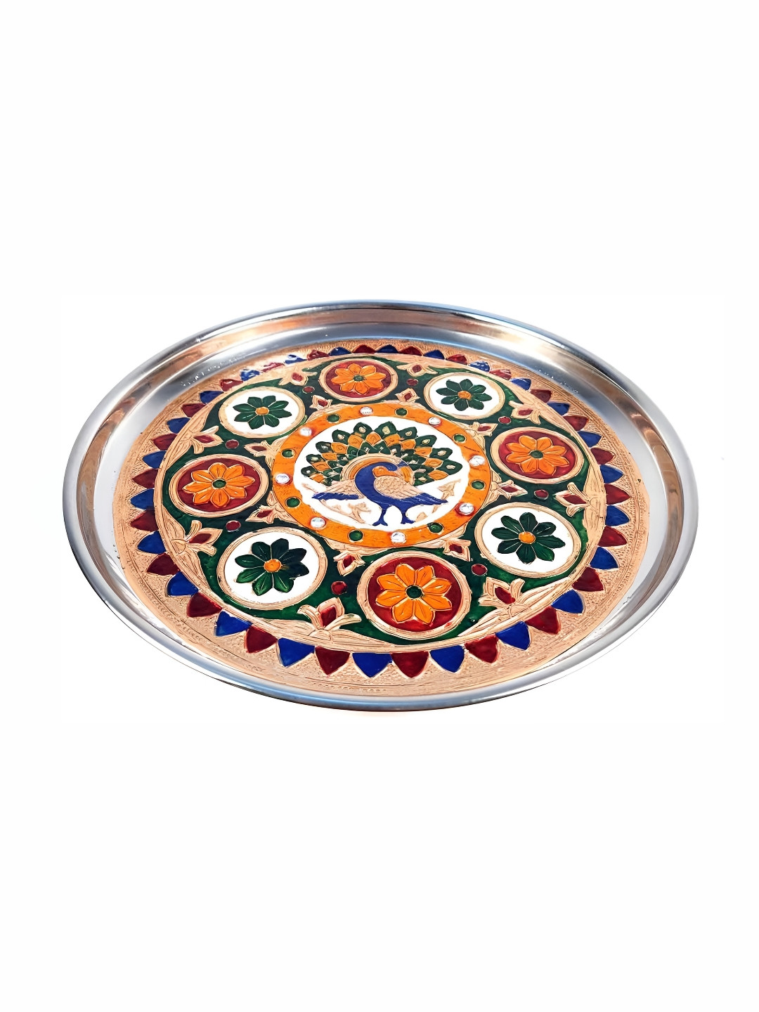 apka mart Green & Red Textured Pooja Thali Plate with Peacock Design