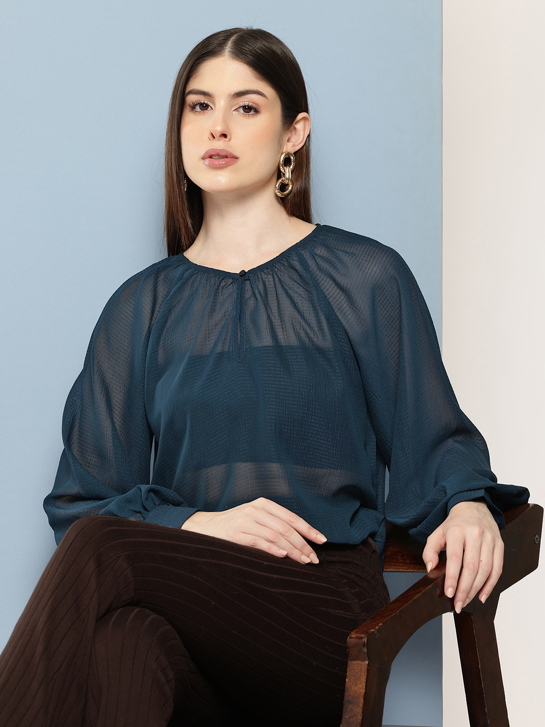 Chemistry Textured Sheer Blouson Sleeve Top