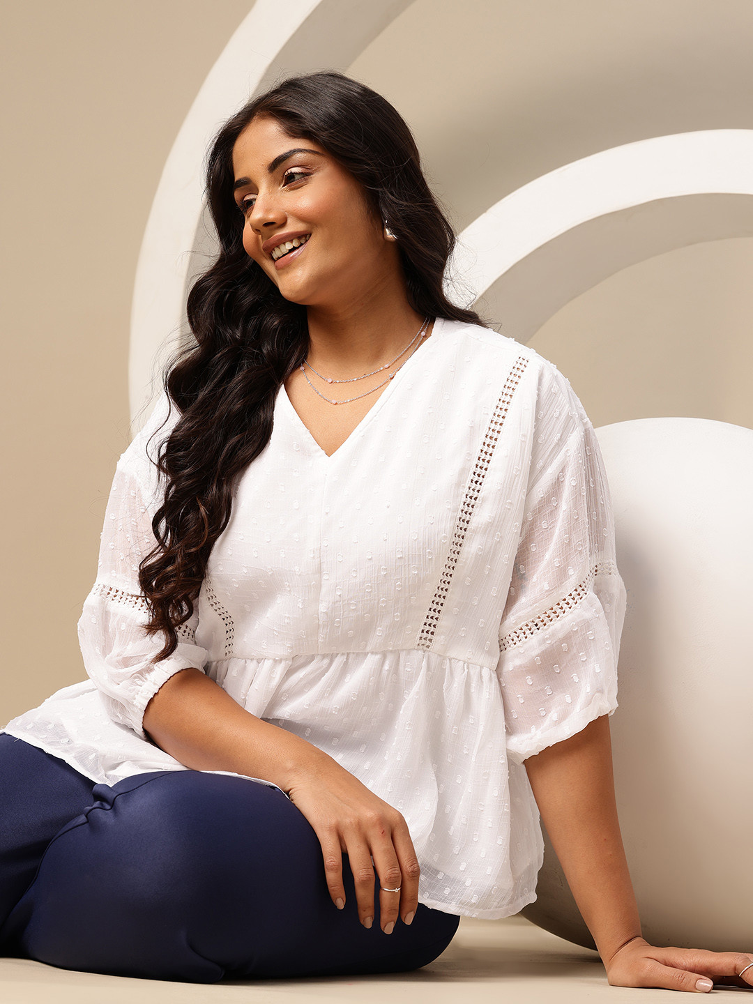 Sztori Plus Size Lace Detail Dobby Weave A-Line Top