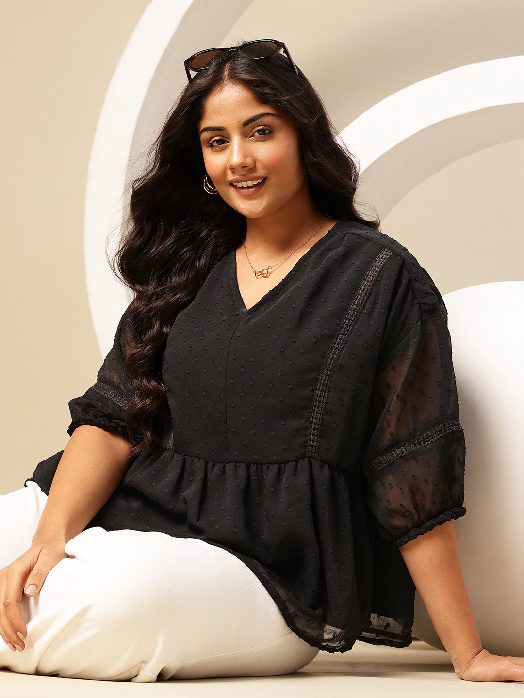 Sztori Plus Size Lace Detail Dobby Weave A-Line Top