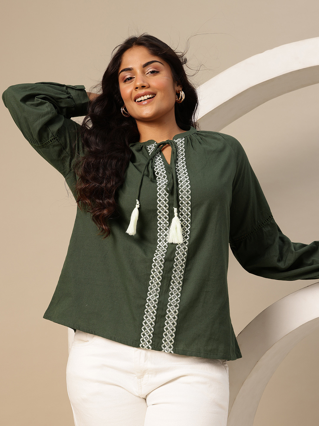 Sztori Plus Size Embroidered Cotton Linen Top