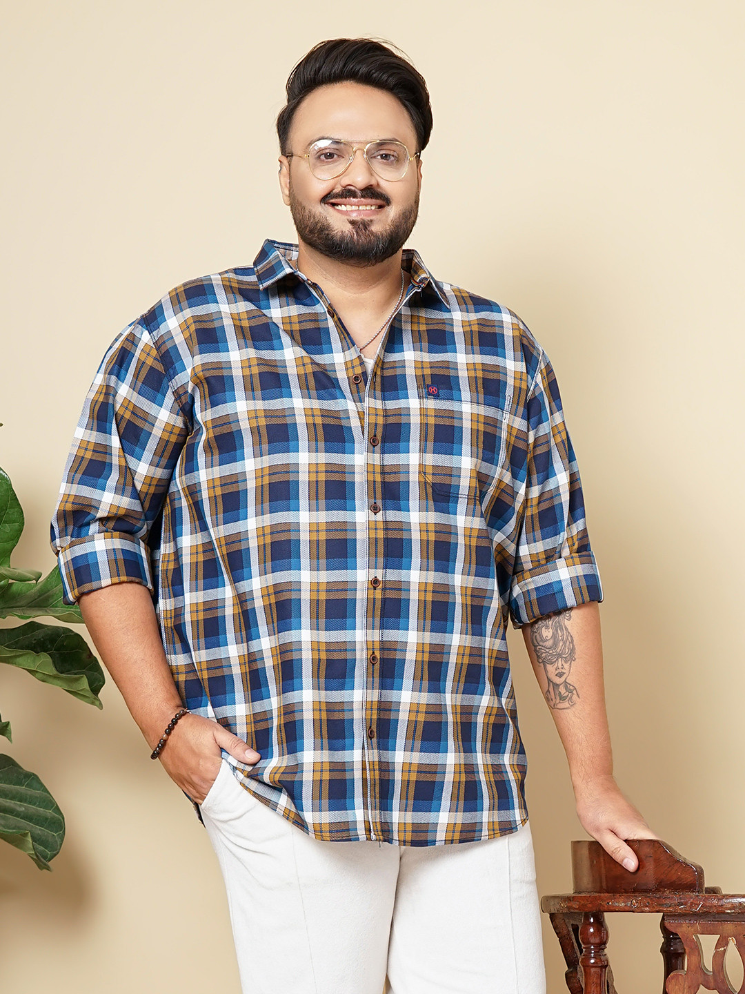 Hardsoda by The Indian Garage Co Plus Size Checked Spread Collar Long Sleeves Casual Shirt