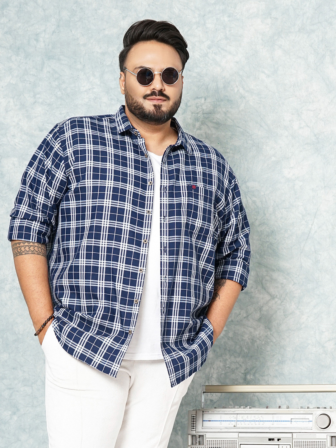 Hardsoda by The Indian Garage CoPlus Size Checked Spread Collar Short Sleeves Casual Shirt