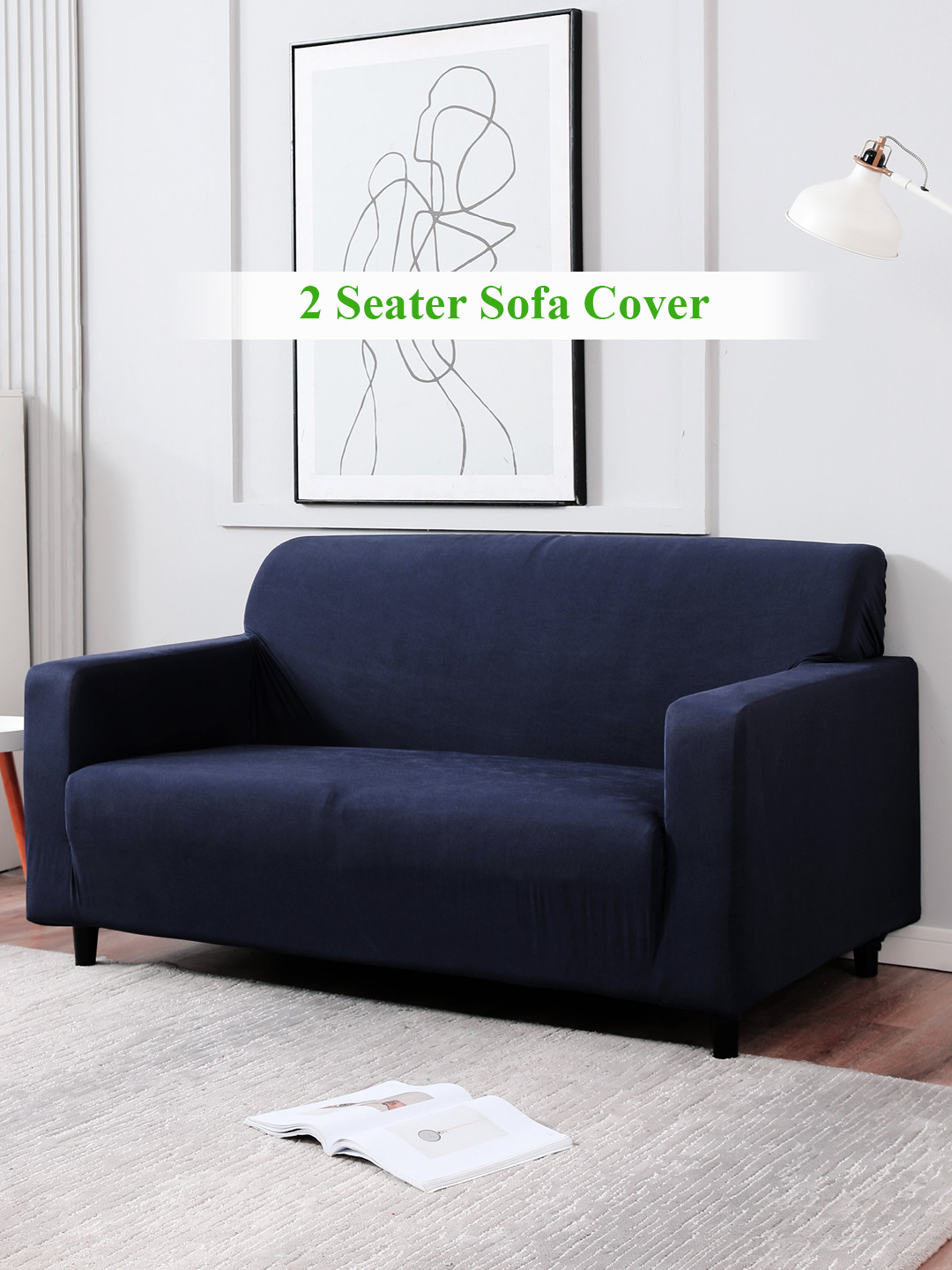 HOKIPO Blue Elastic Stretchable 2 Seater Sofa Cover With Arms