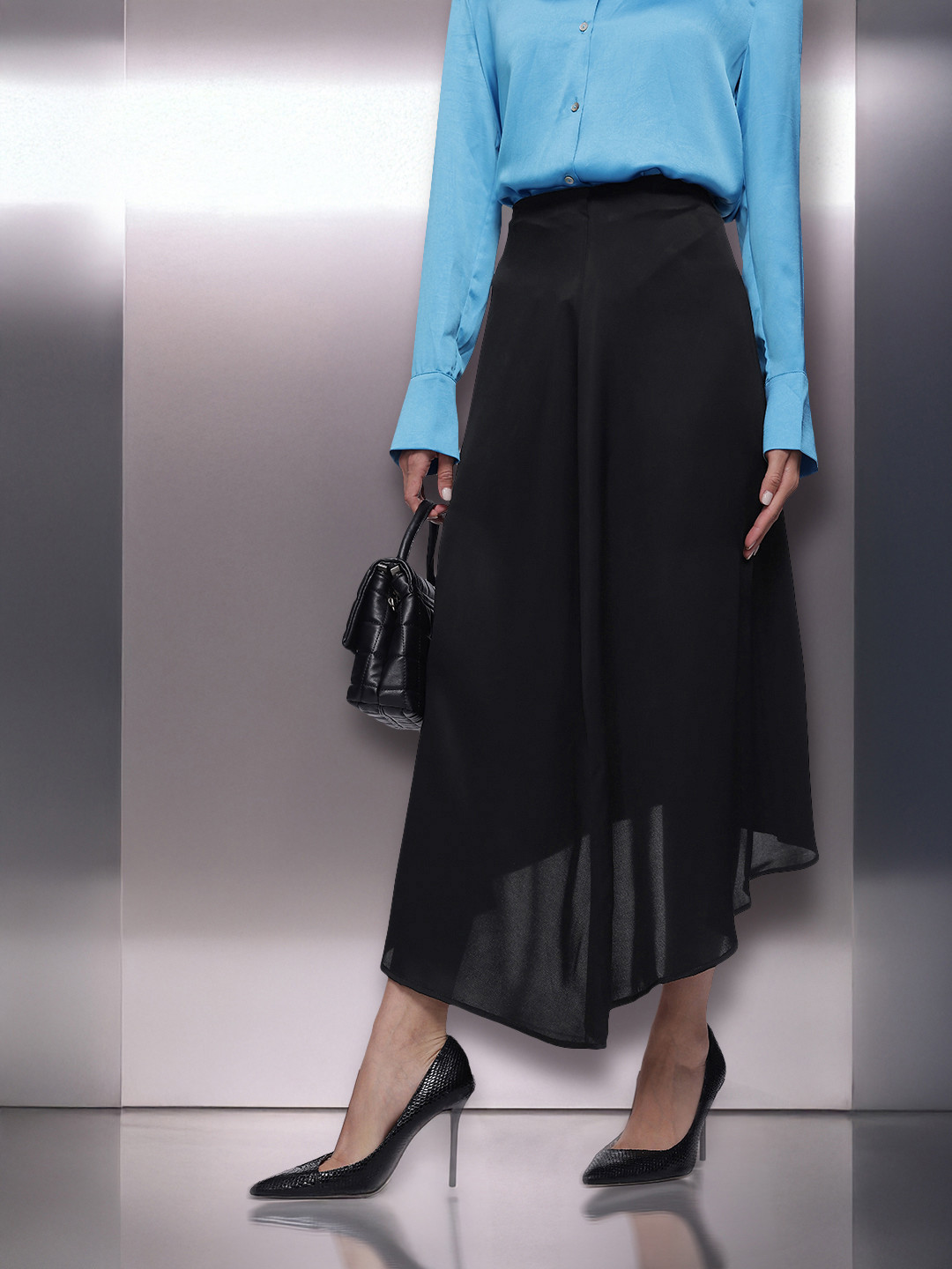 French Connection Asymmetric Hem Satin Finish A-line Midi Skirt