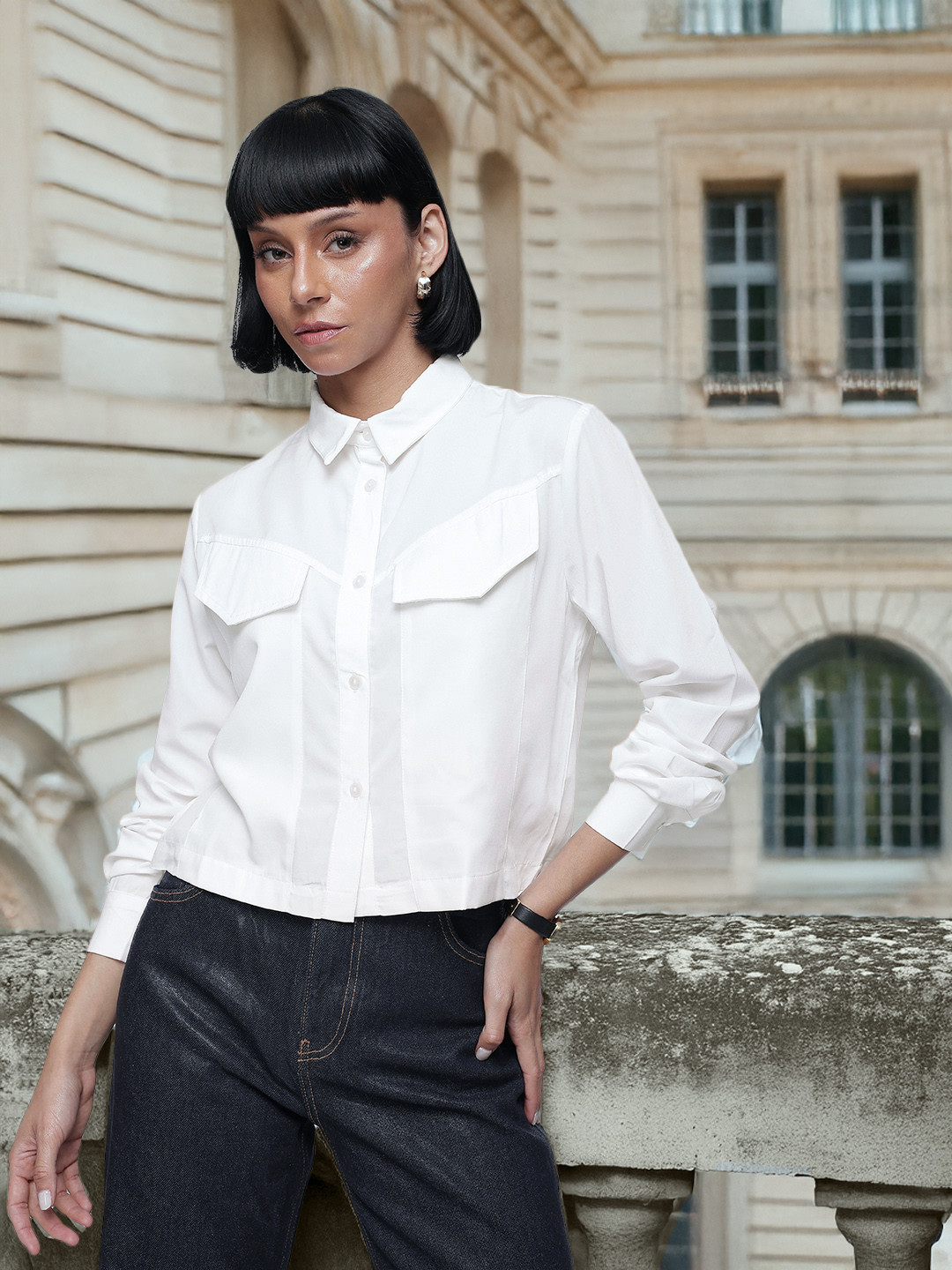 French Connection Opaque Long Sleeves Crop Casual Shirt