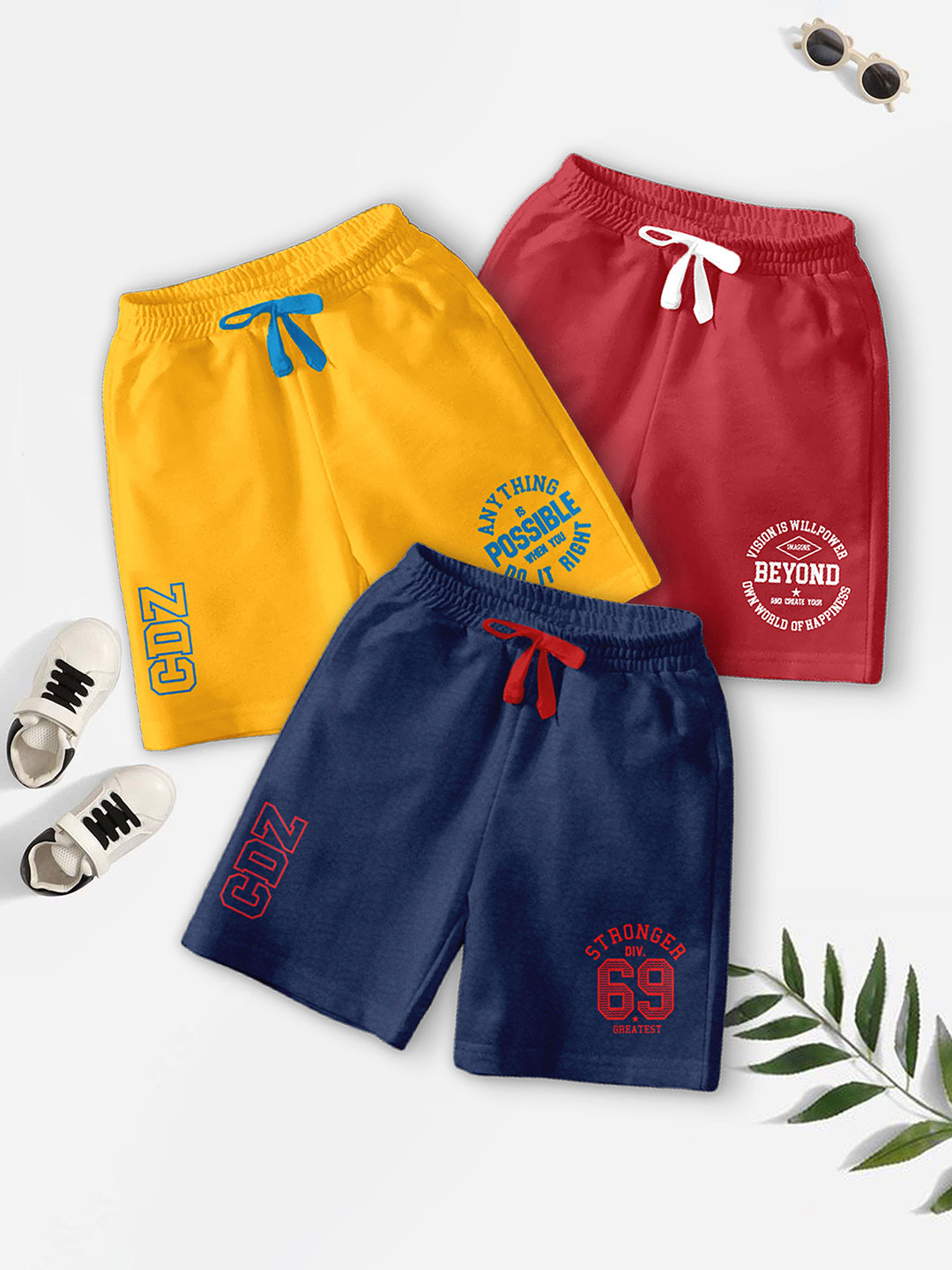 CODEZ Boys Pack Of 3 Typography Printed Mid-Rise Outdoor Casual Regular Shorts