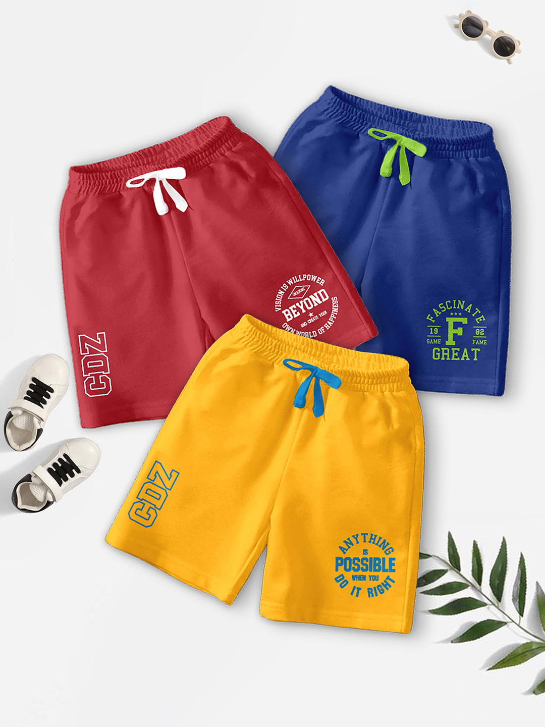 CODEZ Boys Pack Of 3 Typography Printed Mid-Rise Breathable Outdoor Casual Shorts