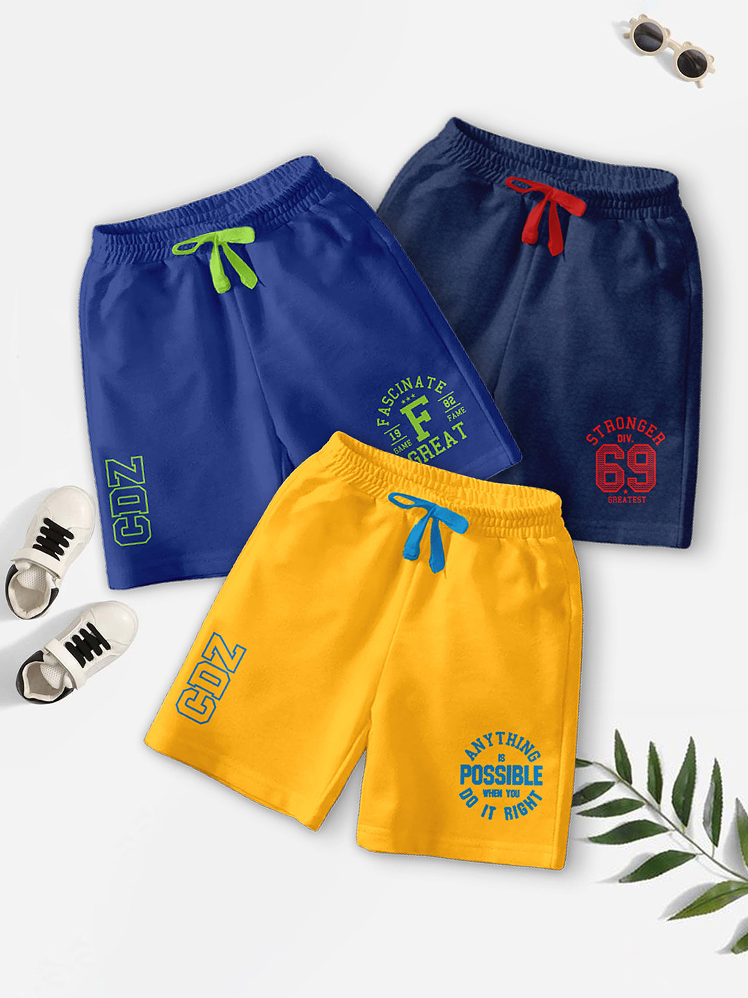 CODEZ Boys Pack Of 3 Typography Printed Mid-Rise Breathable Outdoor Casual Shorts