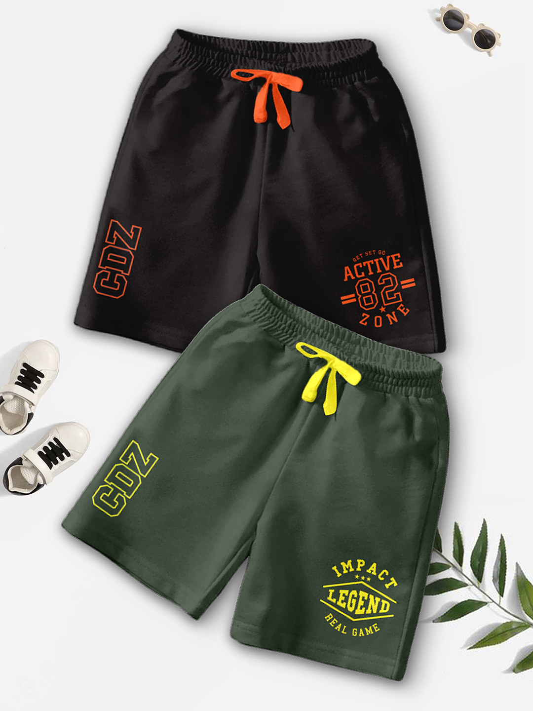 CODEZ Boys Pack Of 2 Typography Printed Mid-Rise Outdoor Casual Regular Shorts