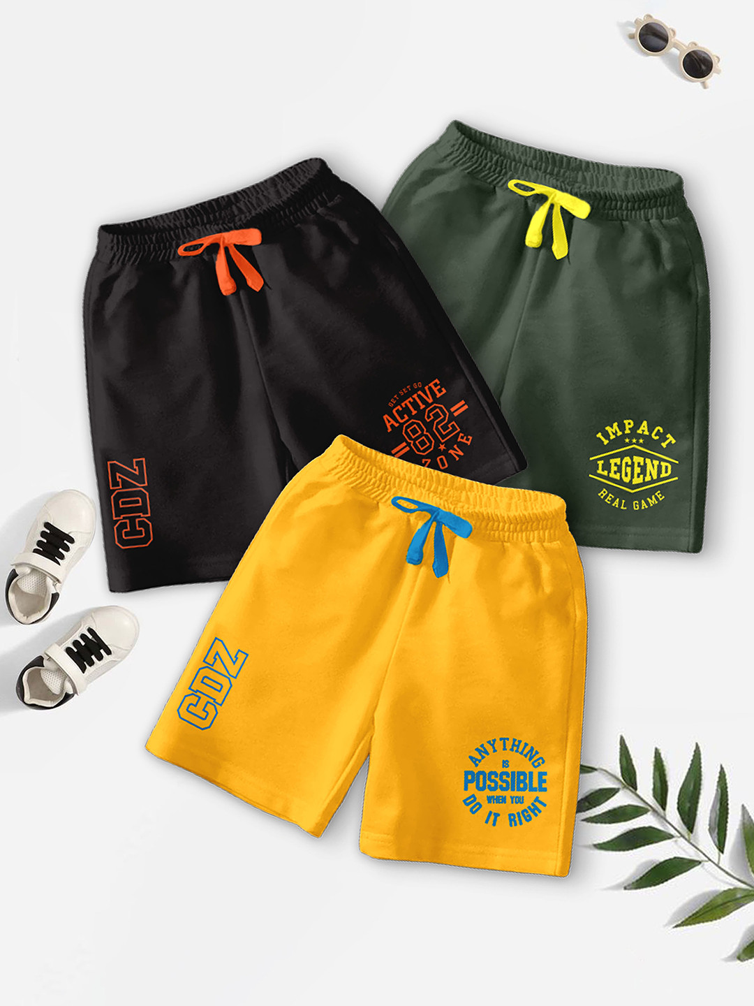 CODEZ Boys Pack Of 3 Typography Printed Mid-Rise Breathable Outdoor Casual Shorts