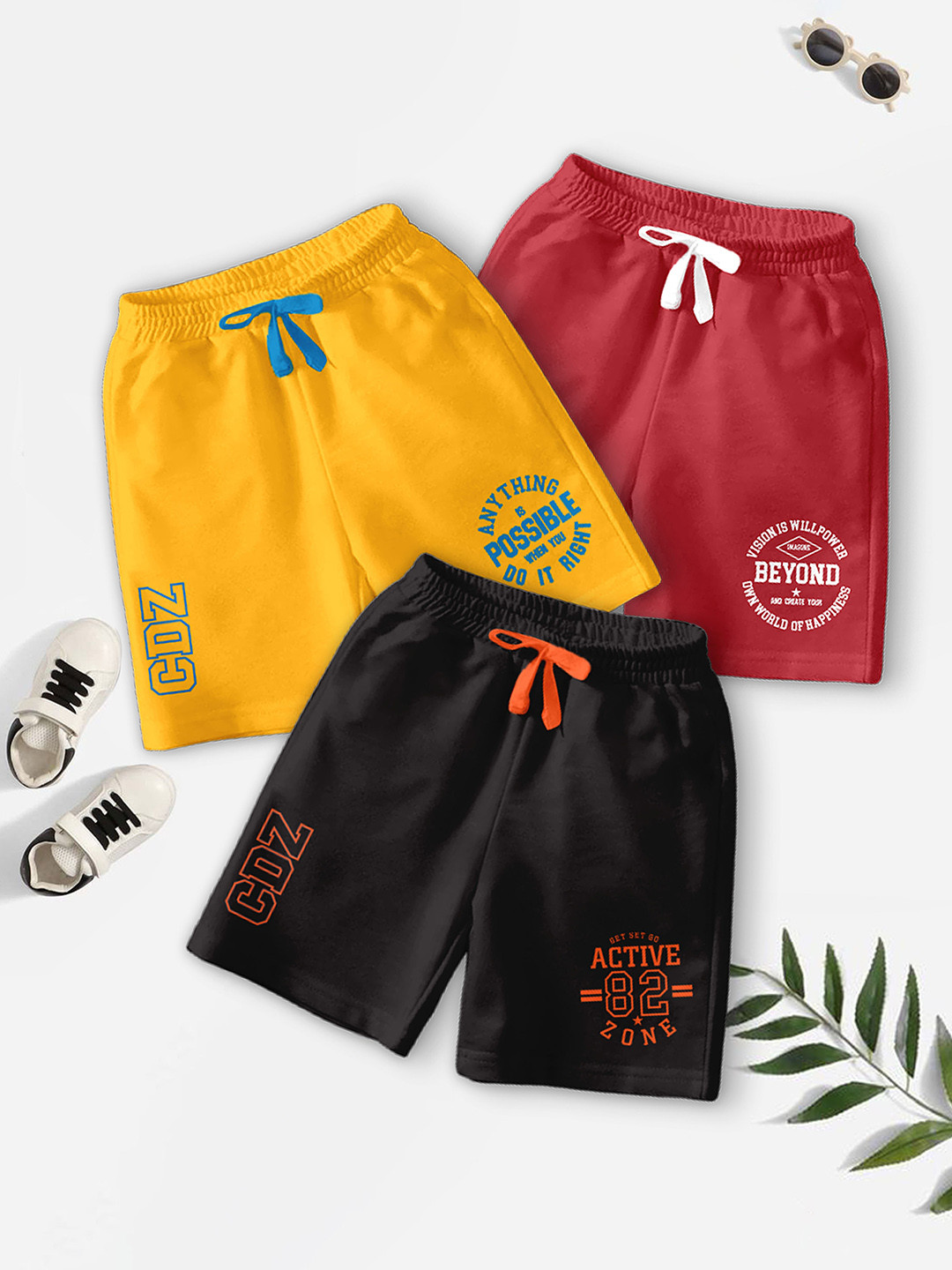 CODEZ Boys Pack Of 3 Typography Printed Mid-Rise Breathable Outdoor Casual Shorts