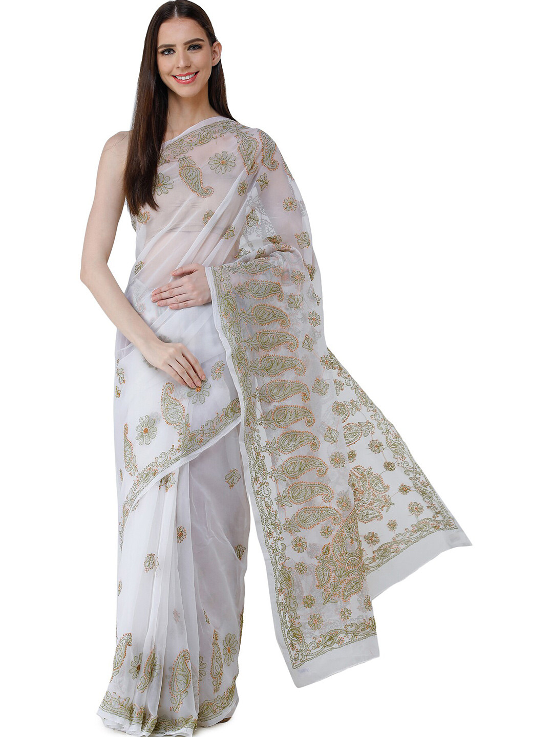 Exotic India Onyx White Paisleys and Flowers Lukhnavi Chikan Saree