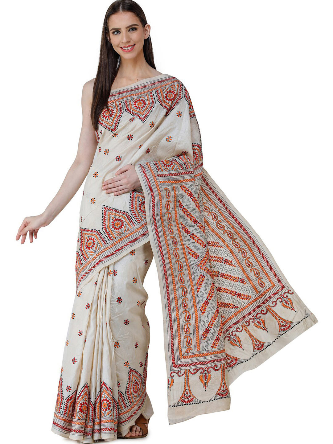 Exotic India Bleached Sand Tussar Silk Saree with Kantha Embroidered Flowers