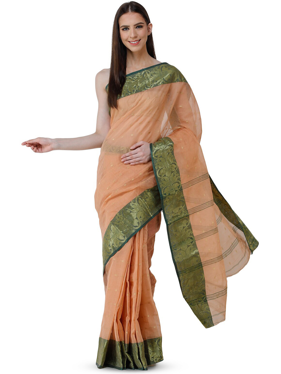 Exotic India Peach Nougat Pure Cotton Tangail Puja Saree with Woven Border