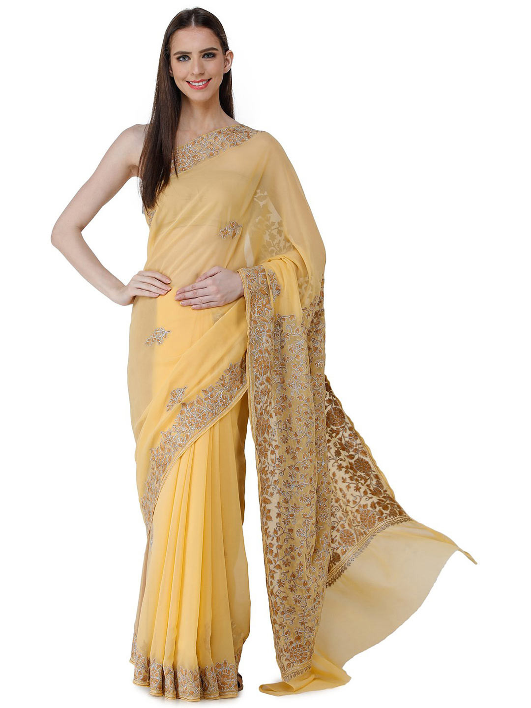 Exotic India Kashmiri Saree with Tonal Aari-Embroidered Flowers and Silver Zari Accents