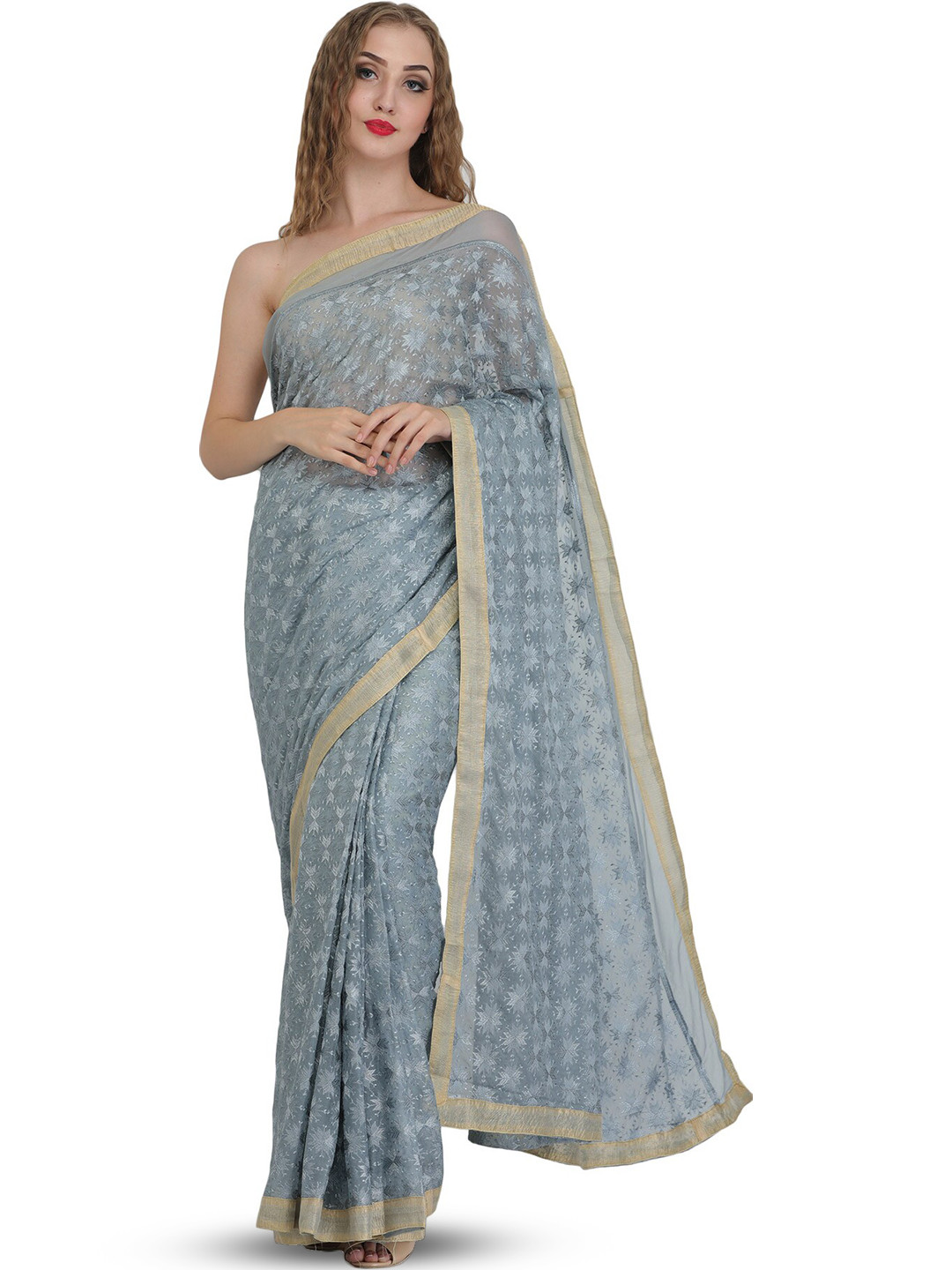 Exotic India Gray Chiffon Saree with Phulkari Embroidery in Self and Golden Border