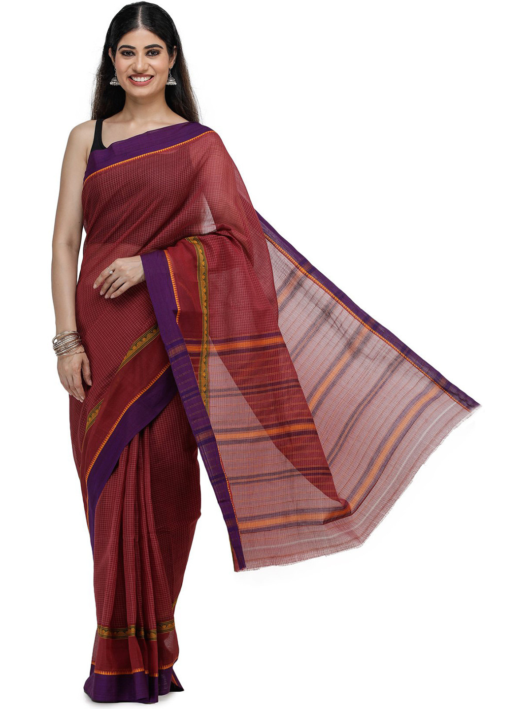 Exotic India Ruby Wine Pure Cotton Venkatagiri Saree with Woven Border and Pin-stripes