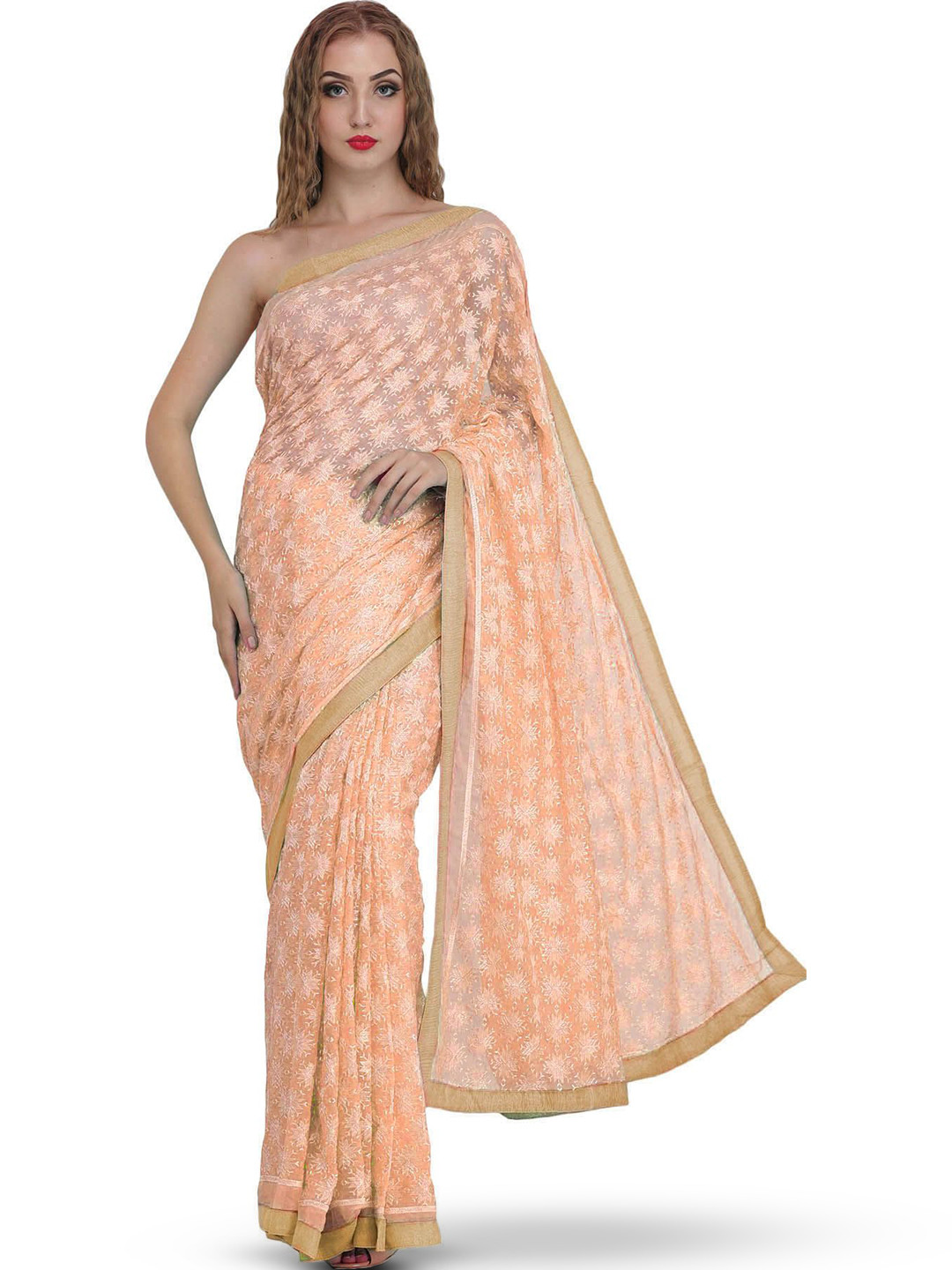 Exotic India Peach Parfait Chiffon Saree with Phulkari Embroidery in Self & Golden Border