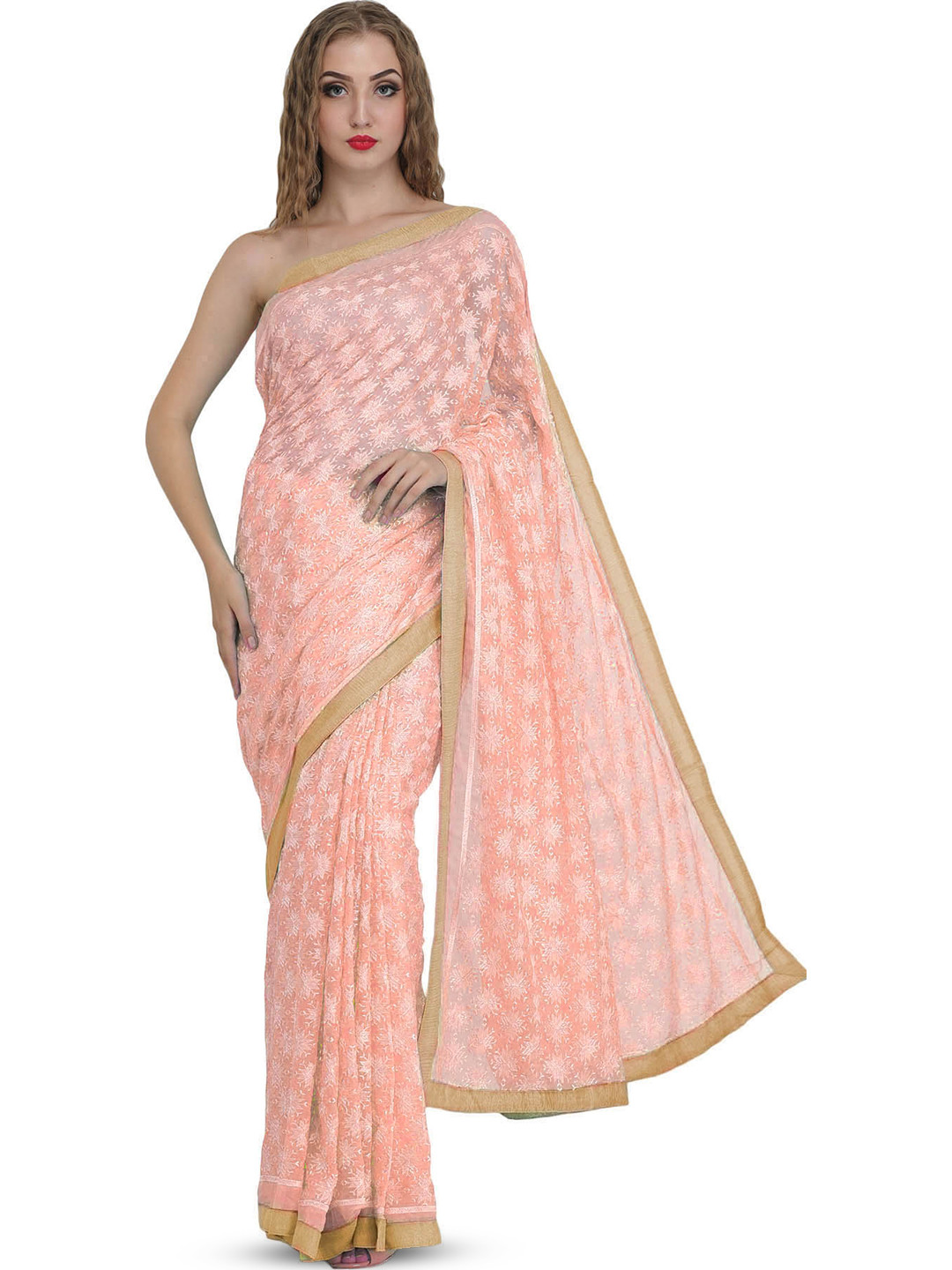 Exotic India English Rose Chiffon Saree with Phulkari Embroidery in Self and Golden Border