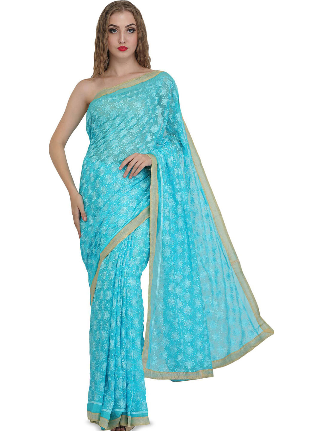 Exotic India Batton Blue Saree with Phulkari Embroidery in Self and Golden Border