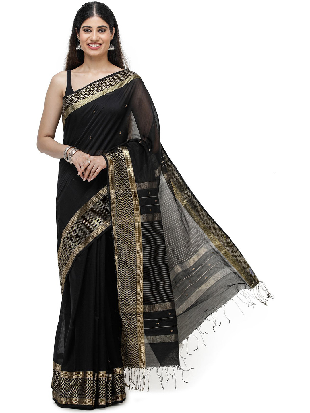 Exotic India Black Maheshwari Handloom Saree with Golden Thread Weave Border & Pin-Stripes