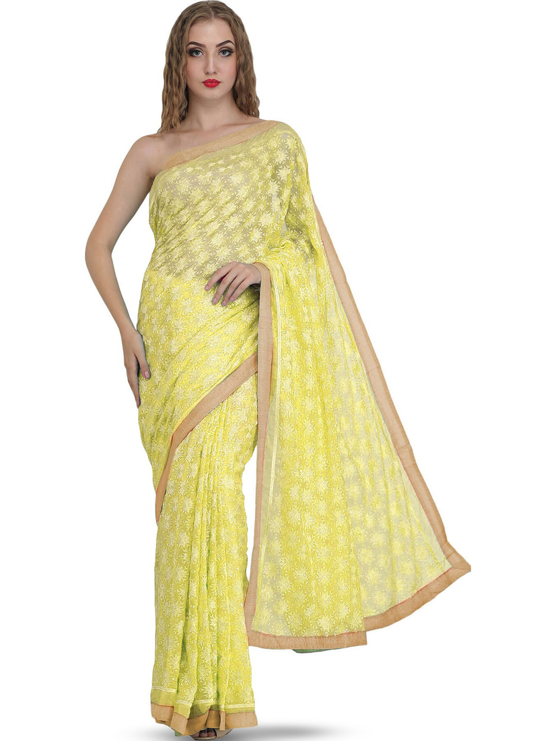 Exotic India Canary Yellow Chiffon Saree with Phulkari Embroidery in Self & Golden Border
